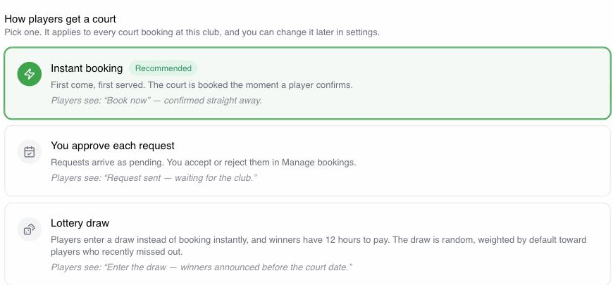 Booking mode settings for instant, approval, and lottery