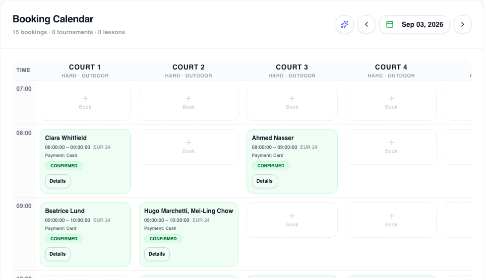 The owner calendar showing courts, booking modes, and paid reservations in one view