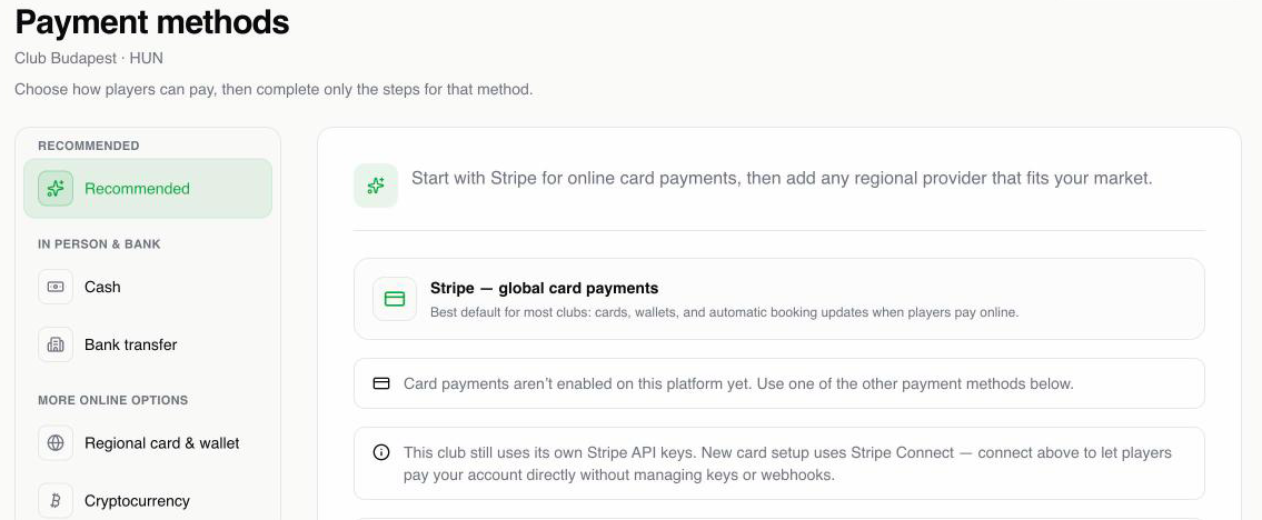 Payment options configured for your club
