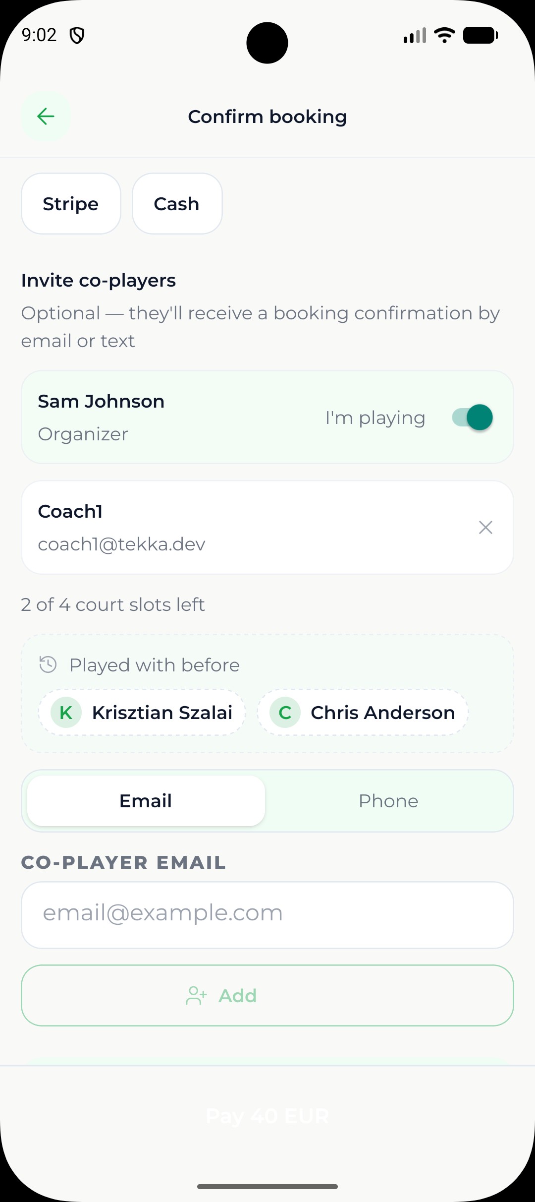 Adding co-players to a booking