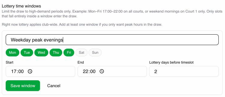 Defining lottery windows by weekday and time range