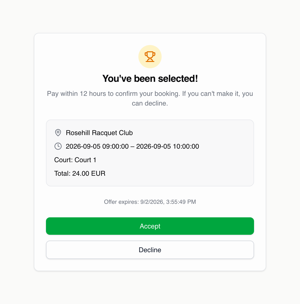 A winning offer with its payment countdown