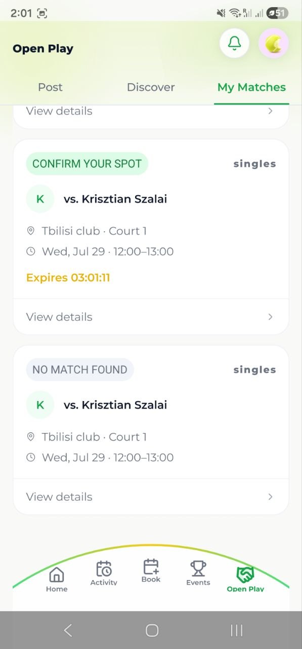 A match offer with the court fee split shown up front