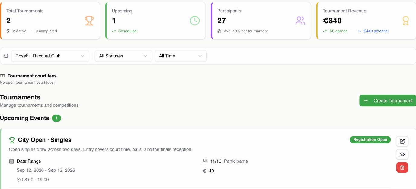 Build the event, open entries, and let the brackets run themselves