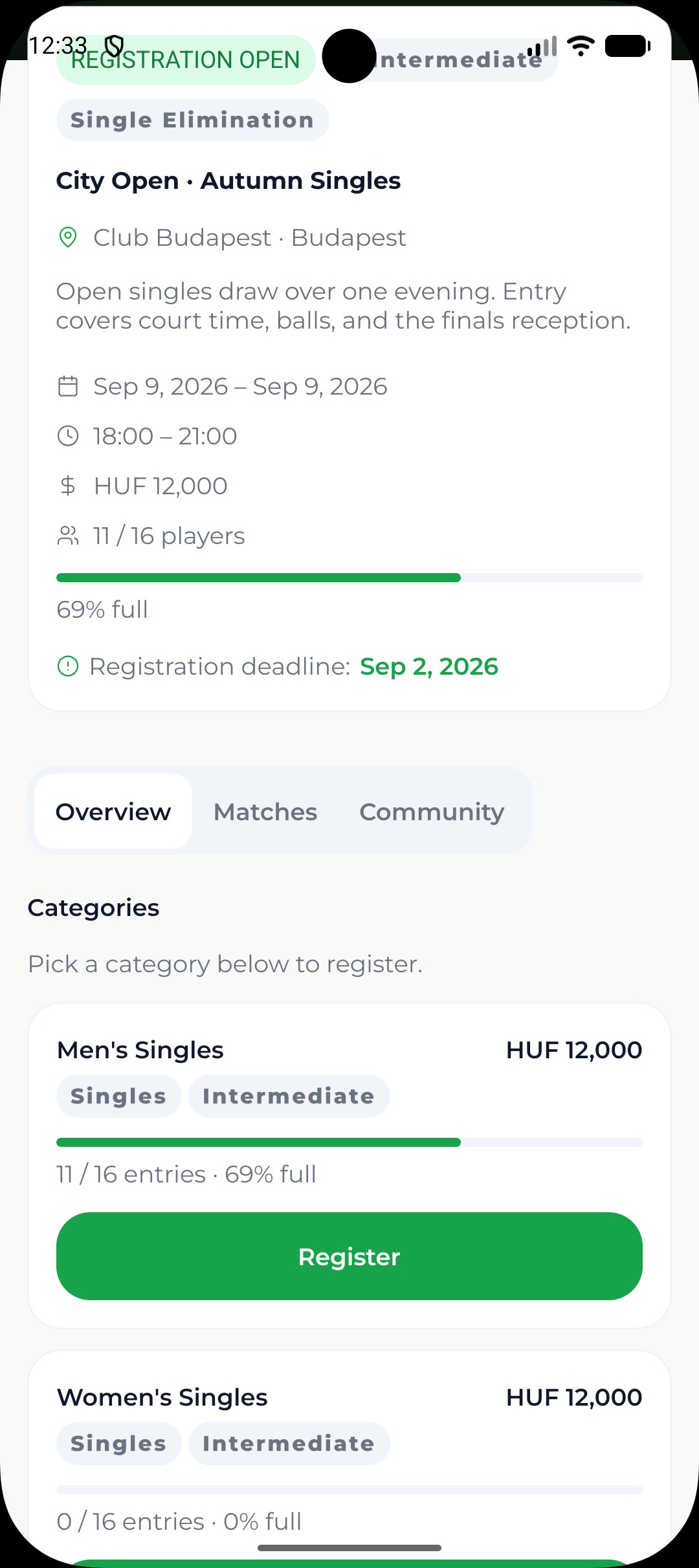 Tournament registration with level filters and a waitlist