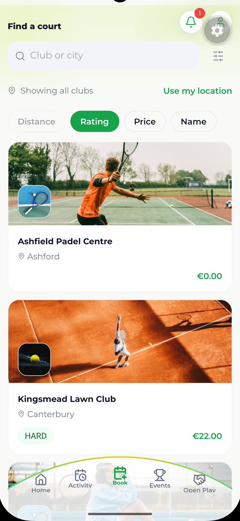 TEKKA court finder showing nearby clubs with ratings, distance, and pricing